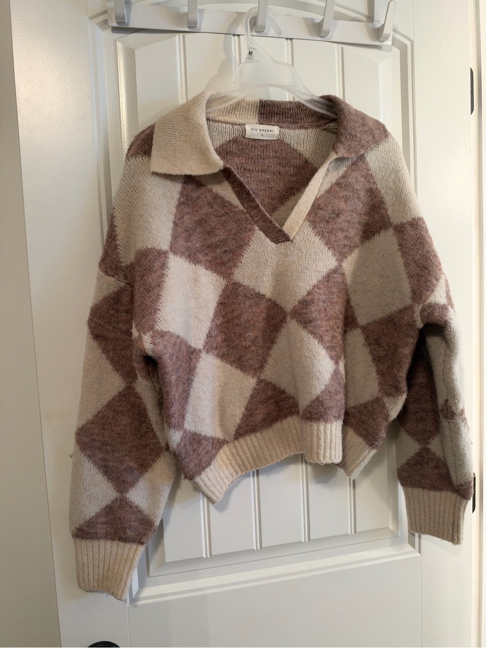 Blu Pepper Cream & Beige Diamond-Check Collared Sweater